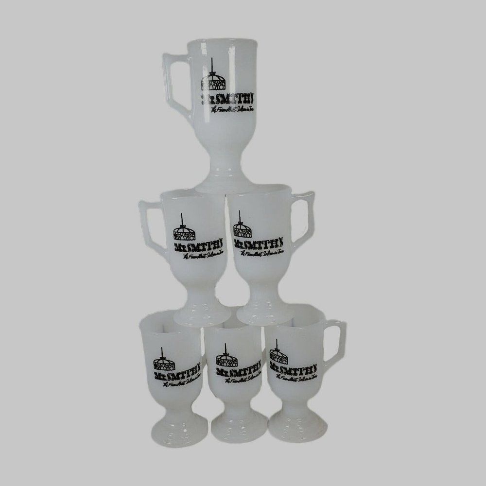 BARWARE MILK GLASS MUG Mr Smith's Washington DC 1960s footed Pyrex Set Lot 6 EUC
